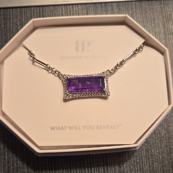 Bomb Party Jewelry - Rectangular Purple Stone Pendant Necklace in Silver Tone